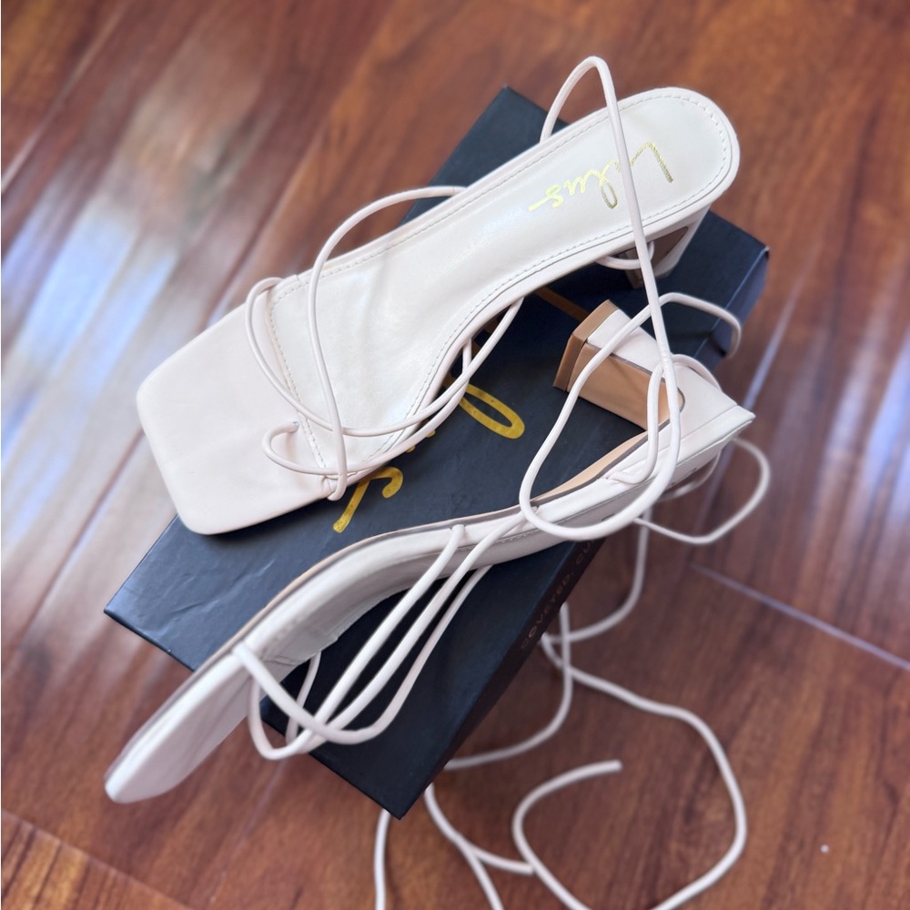 Lulu's Nude Strappy Square-Toe Block Heel Sandals